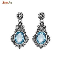 Earrings SzjinAo Solid 925 Sterling Silver Earrings Created Sapphire Cubic Zirconia Fine Jewelry for Women Earrings