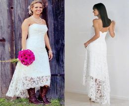 Fashionable High Low Wedding Dresses vintage Lace Strapless Garden cowgirl Country Lace Short Beach Wedding Bridal Gowns1938838