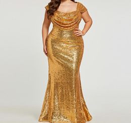 Sparkly golden sequined mermaid evening dresses plus size cap sleeve zipperup prom party Wear formal dress sequins evening gowns9815212