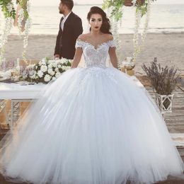 Dresses Glamorous Fluffy Tulle Wedding Dresses Lace Appliques Off Shoulder LaceUp Ball Gown Bridal Dress Glamorous Saudi Arabia Wedding D