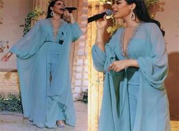 Gorgeous Plus Size Dubai Arabic Aso Ebi Jumpsuits Prom Dresses Sexy Chiffon Beaded Deep V Neck Long Sleeves Evening Formal Party G2979509