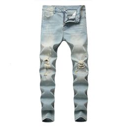 Simple Style Retro Solid Holes Skinny Men Jeans Trousers Stylish Male Ripped Stretch Jogging Casual Denim Pants 240329