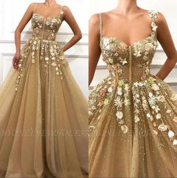 Dresses Elegant Spaghetti Straps Tulle A Line Long Prom Dresses 3D Floral Lace Applique Corset Sheer Floor Length Formal Party Evening Dre