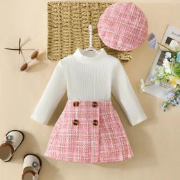 Clothing Sets Infant Spring Autumn Long Sleeve Top AndDress Set 6-18months Baby Girl Solid ColorTop Houndstooth Half Skirt Beret