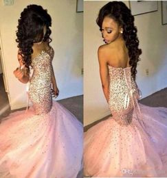 2020 Cheap African Sparkle Prom Dresses Sweetheart Pink Mermaid Floor Length Beaded Sequins Corset Back Long Party Dress Evening G4956784