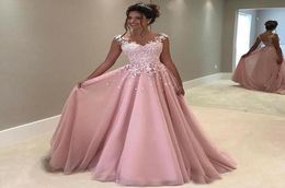 2019 A Line Blush Pink Quinceanera Dresses Lace Applique Cap Sleeves Tulle Floor Sweet 16 Years Girls Evening Formal Gown3926695