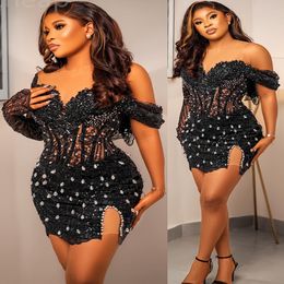 2024 Aso Ebi Black Sheath Short Prom Dress Beaded Crystals Mini Evening Formal Party Second Reception 50th Birthday Engagement Gowns Dresses Robe De Soiree ZJ317