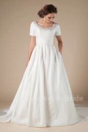 Dresses Vintage Simple Aline Satin Modest Wedding Dresses With Short Sleeves Buttons Back Formal Country LDS Wedding Gowns Bridal Dress