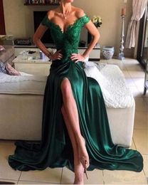 Emerald Green Sexy Prom Dress A Line Off Shoulder Lace Elastic Satin High Side Split Lace Elegant Long Evening Dress Formal Dress8314700