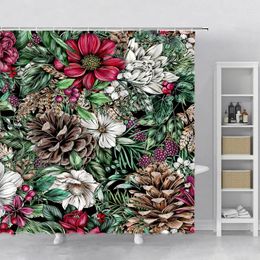 Shower Curtains Red With White Flower Green Leaves Printed Curtain Set Bathroom Pine Nuts Rose Floral Marble Home Decor