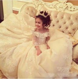 Dresses Gorgeous Off Shoulder Lace Applique Flower Girl Dresses For Wedding Sheer Long Sleeve Lace Up Back Girls Pageant Gowns Sweep Train