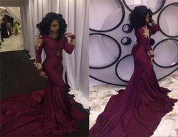 2K18 African Black Girl Prom Dresses Long Sleeves Gold Appliques Cheap Burgundy Evening Dress Mermaid Formal Party Gowns Real P7087462