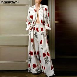 2023 Fashion Men Sets Streetwear Flower Printing Lapel Long Sleeve Blazer Pants 2PCS Loose Mens Casual Suits S5XL INCERUN 240326