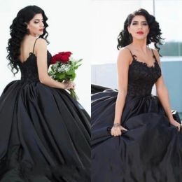 Dresses 2020 Sexy Gothic Style Ball Gown Black Wedding Dresses Spaghetti Straps Appliques Lace Satin Floor Length Bridal Gowns Custom Plus