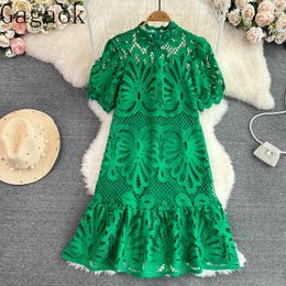 Party Dresses Gagaok Women European American Half High Collar Lantern Sleeves Dress Loose Hollow Out Water-soluble Lace Vestidos