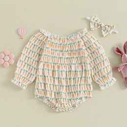 Rompers Toddler Baby's Clothes Girls Autumn Casual Romper Long Sleeve Full Carrot Print Loose With Headband Children's Clothing