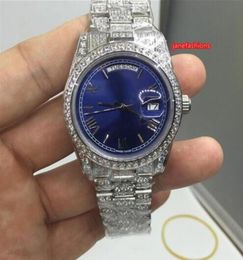 Men039s watches full Silver Diamond Stainless steel watch hiphop blue face 36mm double calendar automatic watches1818458