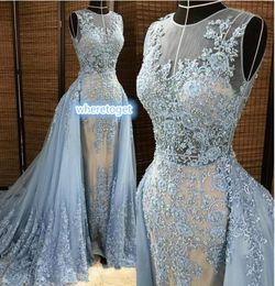 2019 Elie Saab Evening Dresses Detachable Overskirt Deep V Neck Illusion Bluegray Pearls Beaded Lace Appliques Tulle Celebrity Pr1591856