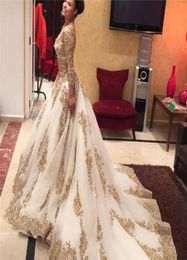 V neck Long Sleeve Arabic Evening Dresses Gold Appliques embellished with Bling Sequins Prom Dresses Formal Party Gowns5481877