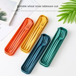 Dinnerware Sets Macaron Wheat Straw Tableware Portable Suit Student Work Chopsticks Knife Fork And Spoon Four-Piece Set Boxed Travel