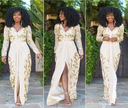 New Arrival Prom Dresses Plunging Fornt Split Chiffon Evening Gowns Gold Sequins Custom Made Formal Dress High Quality African Sty2234823