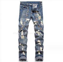 Men's Jeans New 2024 Blue Hole Patchwork Willow Dinghy Slim Stretch Pencil Pants Men's Jeans Mid-Rise Pants Jeans Womans Jeans Womans 2 23 Spring Jeans Women Skirt