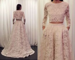 Dresses 2 Piece Lace Wedding Dresses Sexy Long Sleeve Court Train Ivory Robe De Mariage A Line Floor Length Bridal Gowns