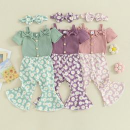 Clothing Sets Toddler Baby Girls Suit Short Sleeve Bow Front Button Romper Flare Pants Headband Set 3Pcs Cotton Jumpsuits