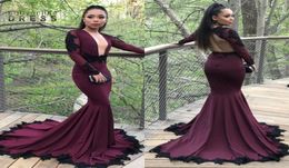 Vintage Burgundy Long Sleeve Prom Dresses Sexy Plunging V Neck Open Back With Black Appliques Long Evening Gowns BA78331446154