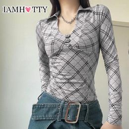 Women's T Shirts IAMTY High Street Plaid T-shirt Grey Vintage Slim Long Sleeve Turn-down V-neck Tops Autumn Chic Elegant Pullovers Ladies