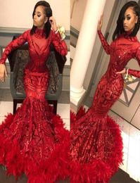 Vintage Red Long Sleeve Mermaid Prom Dresses High Neck Sequined Lace Appliques Feather Bottom Evening Party Gowns BC13271686917