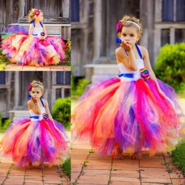 Dresses Colorful Rainbow Halter Girls Pageant Dresses 2016 Tulle Ball Gown Flower Girls Dresses With Handmade Flowers Kids Christmas Forma