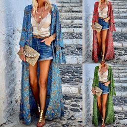 Vacation Ready Women's Fashionable Bohemian Long Cardigan Coat featuring a Gorgeous Floral Print and Easy-to-wear Open Front style