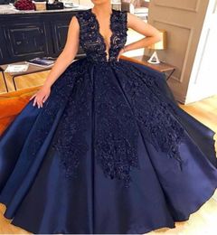 Modest Navy Blue Africa Prom Dresse Sexy Deep V Neck Lace Appliqued Beaded Ball Gown Quinceanera Dress Formal Pageant Wear9585329