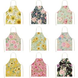 Flowers Print Cotton Linen Apron Kitchen Women Baking Waist Bib Home Cooking Brief Sleeveless Pinafore 240325