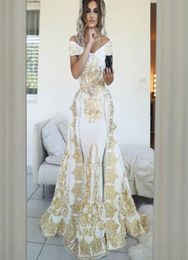 Glamorous Mermaid Prom Dresses With Overskirt Sexy Off Shoulder Golden Lace Applique Satin Party Dress Elegant Floor Length Evenin5304809