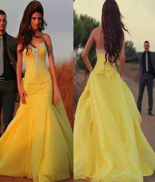 Customized Made Sweetheart Neckline Mermaid Evening Dresses With Beads Yellow Pearls Beading Prom Dress vestidos para festa9073773