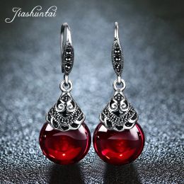 Earrings JIASHUNTAI Retro 100% 925 Sterling Silver Round Garnet Drop Earrings For Women Natural Red Gemstone Ruby Fine Jewelry Best Gifts