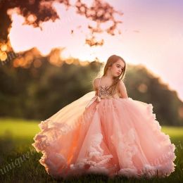 Dresses Graduation Dresses Kids Sequins Princess Flower Girl's Dresses with 3D Florals and Ruffles Skirt Real Photos Blush Girls Birthday