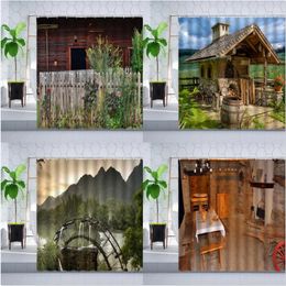 Shower Curtains Retro Country Farmhouse Curtain Set Vintage Wooden House Barn Door Window Natural Plants Scenery Bathroom Screen Decorati