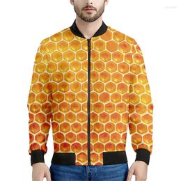 Men's Jackets Fashion 3d Printed Bee Honeycomb Jacket For Men Oversized Sweatshirt Tops Spring Autumn Long Sleeves Kids Bomber Zipper
