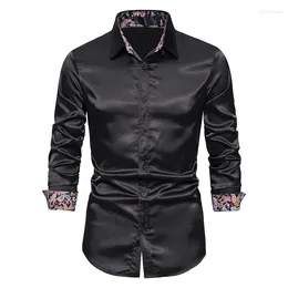 Men's Dress Shirts Paisley Patchwork Black For Men Satin Silk Smooth Soft Work Chemise Hombre Casual Fashion Wedding Prom Party