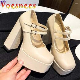 Dress Shoes Spring Autumn Korean Version Buckle Strap Thick Heel Women Shoe Black British Style Square Head Cow Leather High Heels Pumps