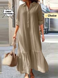 Casual Dresses 2024Autumn Cotton Loose Large Size Women's Long Dress Elegant And Style Lapel Half Open Retro