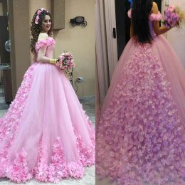 Dresses Beautiful Pink Hand Made Flower Wedding Dresses Ball Gowns Off Shoulder Bling Bling Crystals Bodice Bridal Dress vestidos noiva