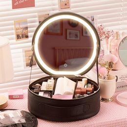 Cosmetic Bags Fashion With Mirror LED Light Large Capacity PU Leather Makeup Storage Box Portable Waterproof Ladies Wash Bag Kit