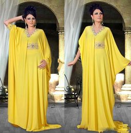 Elegant Arbic Yellow Evening Dresses With Crystal Beaded Long Poet Sleeves Chiffon A Lone Long Prom Dress Vestido De Festa3536313