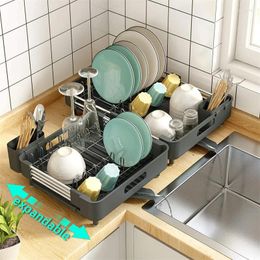 Kitchen Storage Adjustable Dish Drying Rack Organiser Plates With Drainboard Over Sink Countertop Cutlery Holder