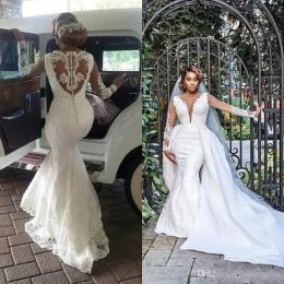 Dresses African Plus Size Mermaid Wedding Dresses with Detachable Train Luxury Lace Applique Beaded Long Sleeve Wedding Gowns
