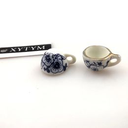 50pcs/lot Blue Flower Printed Antique Chinese Style Teacup Pendants 16x11x9mm Ceramic Charms For DIY240327